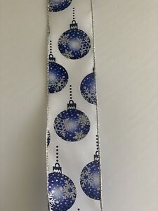 10 Yds Of 2 1/2” Wired White Satin Ribbon With Blue Christmas Ornaments