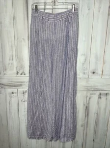 WOMENS ELEVENSES BLUE WHITE STRIPED WIDE LEG 100% LINEN SIDE SLIT FLOWY PANTS 4 - Picture 1 of 18