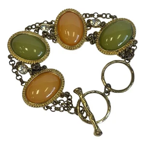Brazalete Boho MCM Tono Dorado 8.5" Naranja Verde Cabujón Estrás Cierre Palanca - Imagen 1 de 12