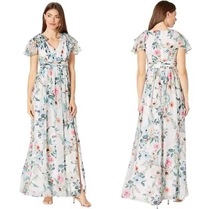 Adrianna Papell Women 6 Gown Dress Ivory White Floral Flutter Sleeve Chiffon NEW - Picture 1 of 10