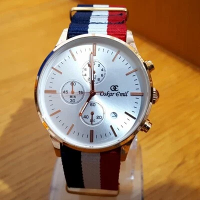 Mens Oskar Emil Jura Gold Striped Preppy Silver Face Chrono Gents Date Watch - Imagem 1 de 4