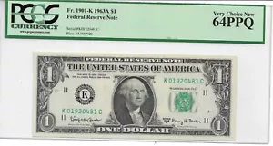 1963-A $1 Federal Reserve Note Dallas FR 1901-K : PCGS Currency 64 PPQ - Picture 1 of 2