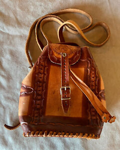 VTG 100% genuine mexican cowhide leather Hand Tooled flower mini backpack boho