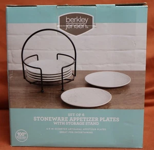 6 Berkley Jensen White Stoneware Appetizer Plates & Black Metalic Stand. 437d. - Picture 1 of 13