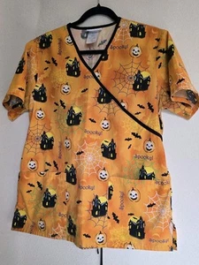 SB Scrubs Orange Black Halloween Haunted House Jack-o-Lantern Scrub Top Sz S - Picture 1 of 6