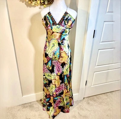 💥Vintage Zum Zum Y2K Satin Paisley Beaded Slip Maxi Dress Retro Glam Size 3/4💛 - Image 1 of 4