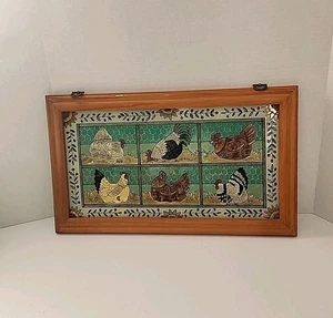 Vidrieras vintage enmarcadas pollos y flores pintadas a mano Joan Baker 22x13 - Imagen 1 de 11