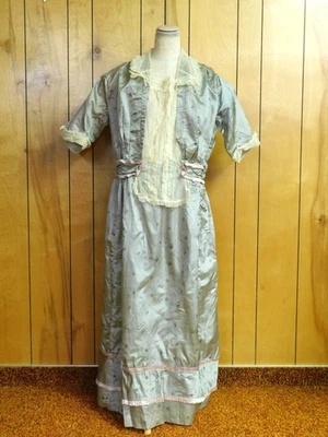 Antiguo Vestido Gris Rayas Seda Cintura 37" Foto 1 de 4