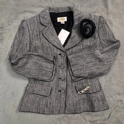 NUEVO CON ETIQUETAS Talbots Negro Blanco Tweed Blazer Chaqueta Rosa Broche Mujer Talla 4 Foto 1 de 4