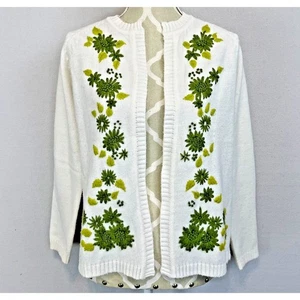 Womens VINTAGE Embroidered White Green Floral SWEATER Fairy 60's Size M L - Bild 1 von 10
