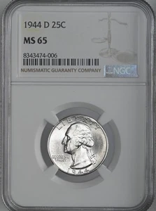 1944-D 25C WASHINGTON SILVER QUARTER "DENVER MINT" NGC MS65 #8343474-006 - Picture 1 of 4