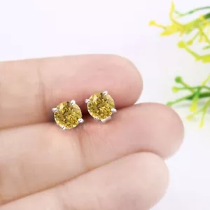 Flawless Ceylon Yellow Sapphire Round 925Sterling Silver Solitaire Stud Earrings - Picture 1 of 3
