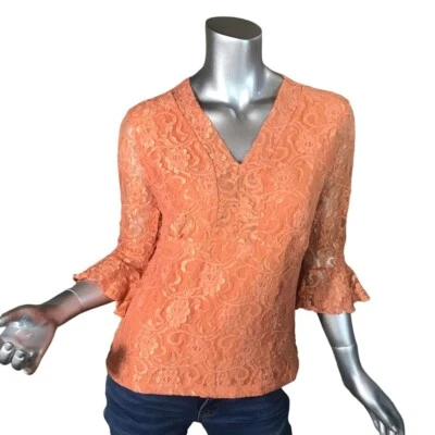Carrie Allen CA Women's Medium Orange Lace Ruffle Bell Sleeve Blouse V Neck... - Image 1 of 4