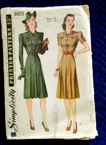 Vintage 1940 Simplicity Pattern 3603 Vestido Cintura Camisa 30 Busto Invertido Falda Plisada - Imagen 1 de 4