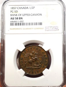 Canada 1857 Bank of Upper Canada 1/2 Penny PC-5D AU58 BN About Uncirculated - Picture 1 of 3