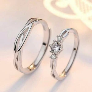 Love Heart Silver Pave Cubic Zirconia Twist Couple Pair Adjustable Band Ring - Picture 1 of 5
