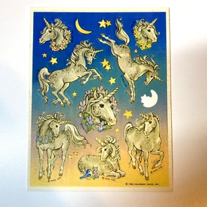 Pegatinas unicornio sello 1982 vintage 1 hoja estrellas lunas años 80 falta una - Imagen 1 de 5