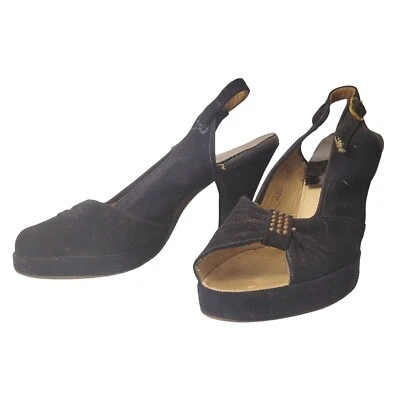 VTG 1940s Navy Blue Suede Peep-Toe Slingback Heels Studded Bow Sz 6.5B Platform - Image 1 of 4