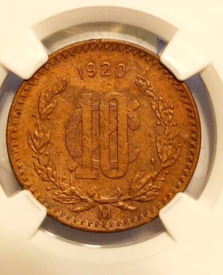 Mexico 10 Centavos 1920 Mo NGC AU 50 BN Scarce Key Date Bronze KM#430 - Image 1 of 4