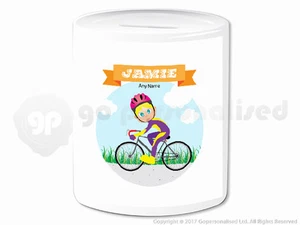 Personalisiertes Geschenk Fahrrad Radfahrer Spardose Sparschwein Mädchen Geschenk #1 - Bild 1 von 4