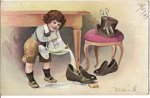 BAD BOY Pouring FISH into Galoshes Scissors In Top Hat Postcard Artist NAIL 1907 - Picture 1 of 2