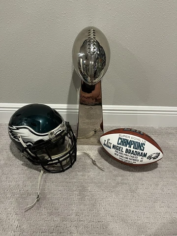 Nigel Bradham Eagles Helmet, Player Given Super Bowl Trophy Ball And Trophy Rare Cover