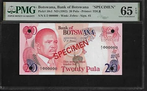 Botswana Specimen 20 Pula 1982 PMG 65 EPQ UNC P#10s1 PMG Population 3/7 - Picture 1 of 4
