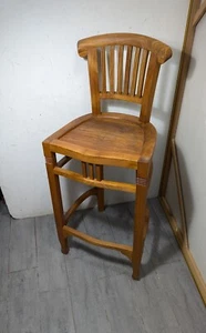 Rustic French Country Colonial Solid Teak Slat Wood Bar Stool - Picture 1 of 23