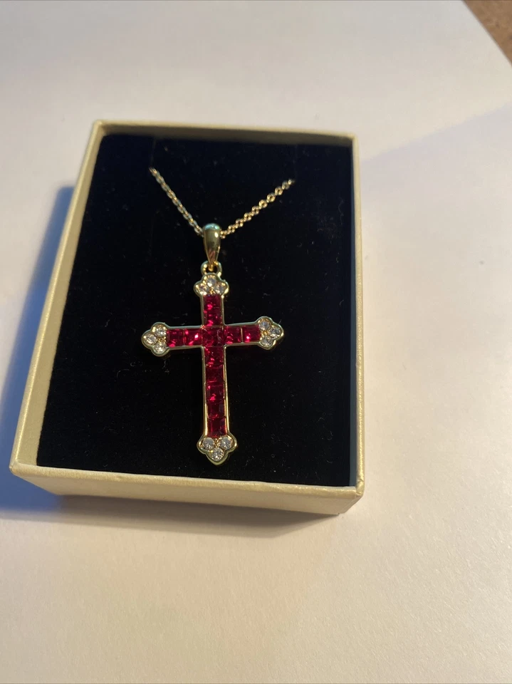 Princess Cut Simulated Ruby & Diamond Cross 1.75" Pendant 925 Yellow Gold Finish - Image 1 of 4