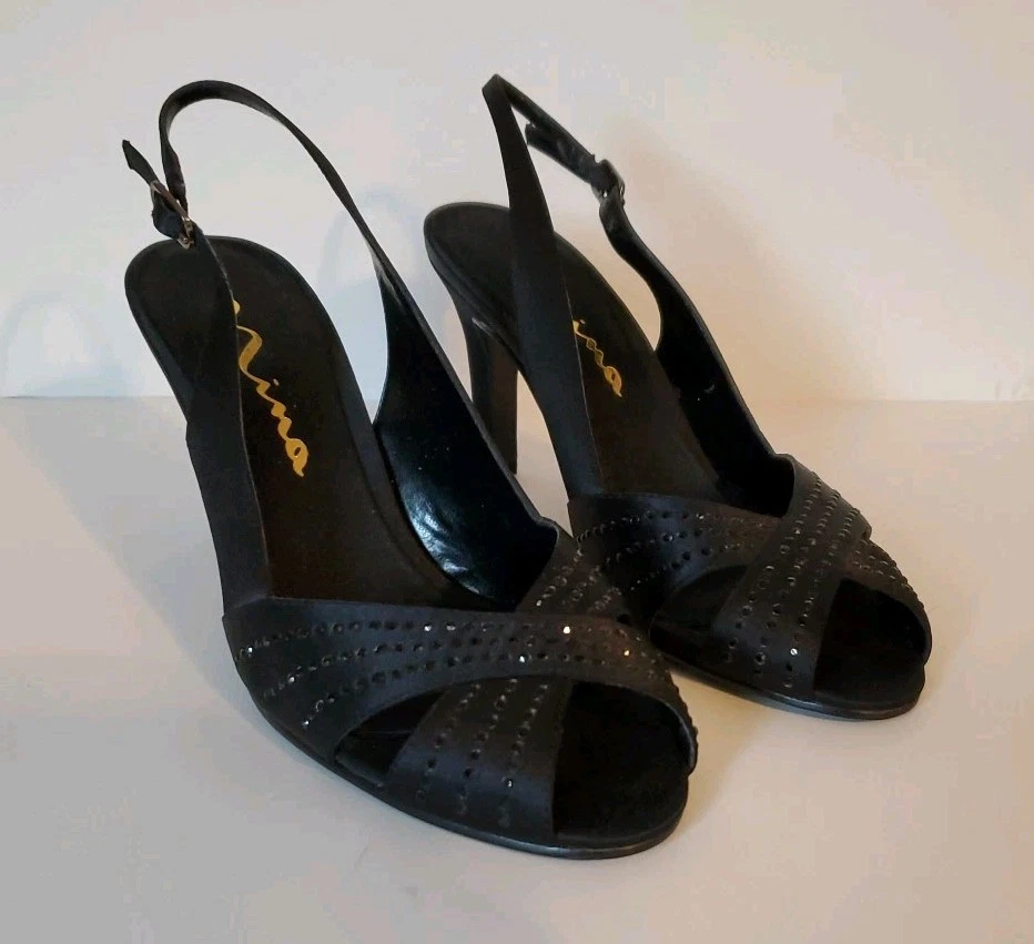 Nina Negro Tela Satinada Para Mujer Hebilla Punta abierta Tacones de 3 1/2" Talla 6M Foto 1 de 4