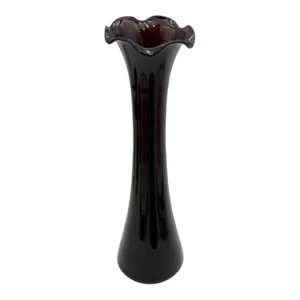 Black Amethyst Glass Bud Vase with Ruffled Top 8” Vintage - Picture 1 of 5
