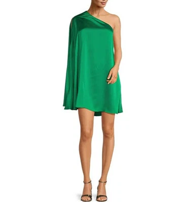 Badgley Mischka mini dress 4 kelly green satin Kayla one shoulder cape new $190 - Image 1 of 4