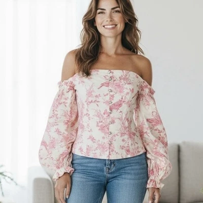 Blusa Corsé Floral Mariposa Rosa Revolve S Cottagecore Eduardiana Lechera Foto 1 de 4