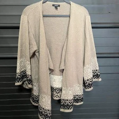 Cárdigan suéter tejido frente abierto beige negro estampado estilo bohemio para mujer Foto 1 de 3