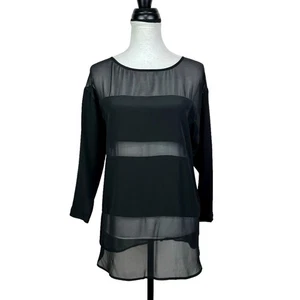 Trina Turk NEW Black Sheer Stripe 100% Silk 3/4 Sleeve Relaxed Fit Tunic Blouse - Picture 1 of 9