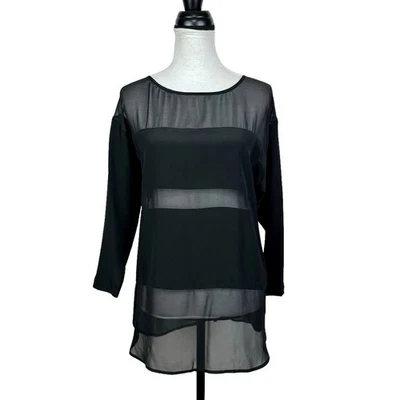 NUEVA Blusa túnica Trina Turk negra a rayas transparentes 100 % seda manga 3/4 calce relajado Foto 1 de 4