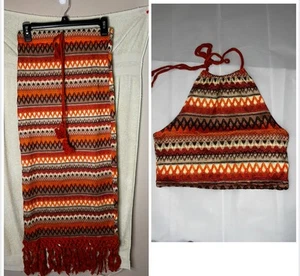 NEU Strick Haulter Top mit Maxirock Set Boho Strand orange braun Gr. M - Bild 1 von 9