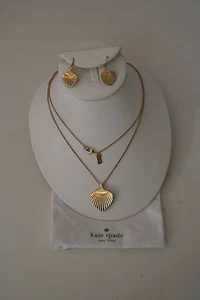 Kate Spade Fan Necklace & Pierced Earrings Set With Pouch Gold Tone - Picture 1 of 4