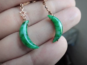 18k Solid Rose Gold Diamond Natural A Jadeite Jade Moon Sun Green Earring - Picture 1 of 12