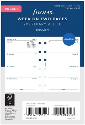 Filofax Pocket 2026 Week on Two Pages Diary White Refill Insert 26-68221 - Image 1 of 3