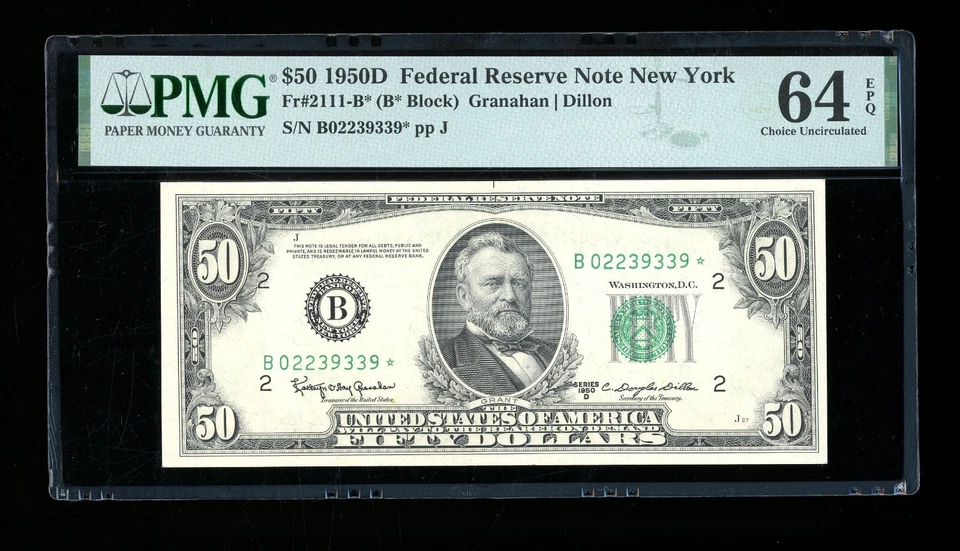 DBR 1950-D $50 FRN New York STAR Fr. 2111-B* PMG 64 EPQ Serial B02239339* - Image 1 of 2