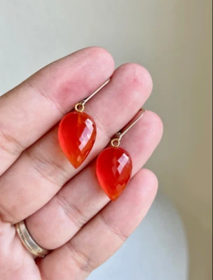 Carnelian Earring Natural Chalcedony Orange Faceted Heart Drop 925 Silver - Image 1 of 4