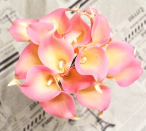 15 Pink Yellow Bouquet Real Touch Calla Lily Flowers Bundle Artificial Floral - Picture 1 of 6