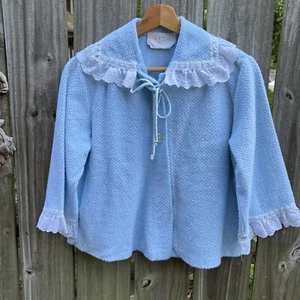 Vintage Bed Jacket Short Baby Blue Terry Cloth Lace Trim 50’s 60s' Medium Retro - Picture 1 of 11