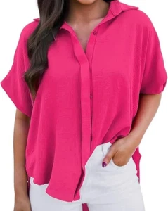 Women's Summer Short Sleeve Blouse Loose Tunic Tops Collared Neckline Large - Picture 1 of 7