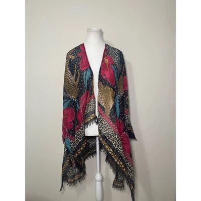 Cardigã feminino kimono transparente leopardo boho estampa floral franja abertura frontal sistema operacional - Imagem 1 de 4