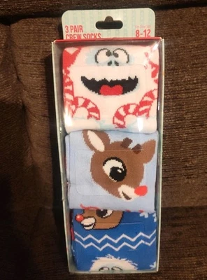 Rudolph The Red Nosed Reindeer 3 Pair Sock Set Fits Shoe Size 8-12 Great Gift - Image 1 of 4