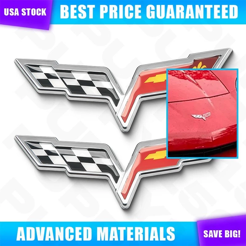 2Pcs Front & Rear 3D Emblem Crossed Flags Badge For C6 Corvette Sport 2005-2013 Foto 1 de 4