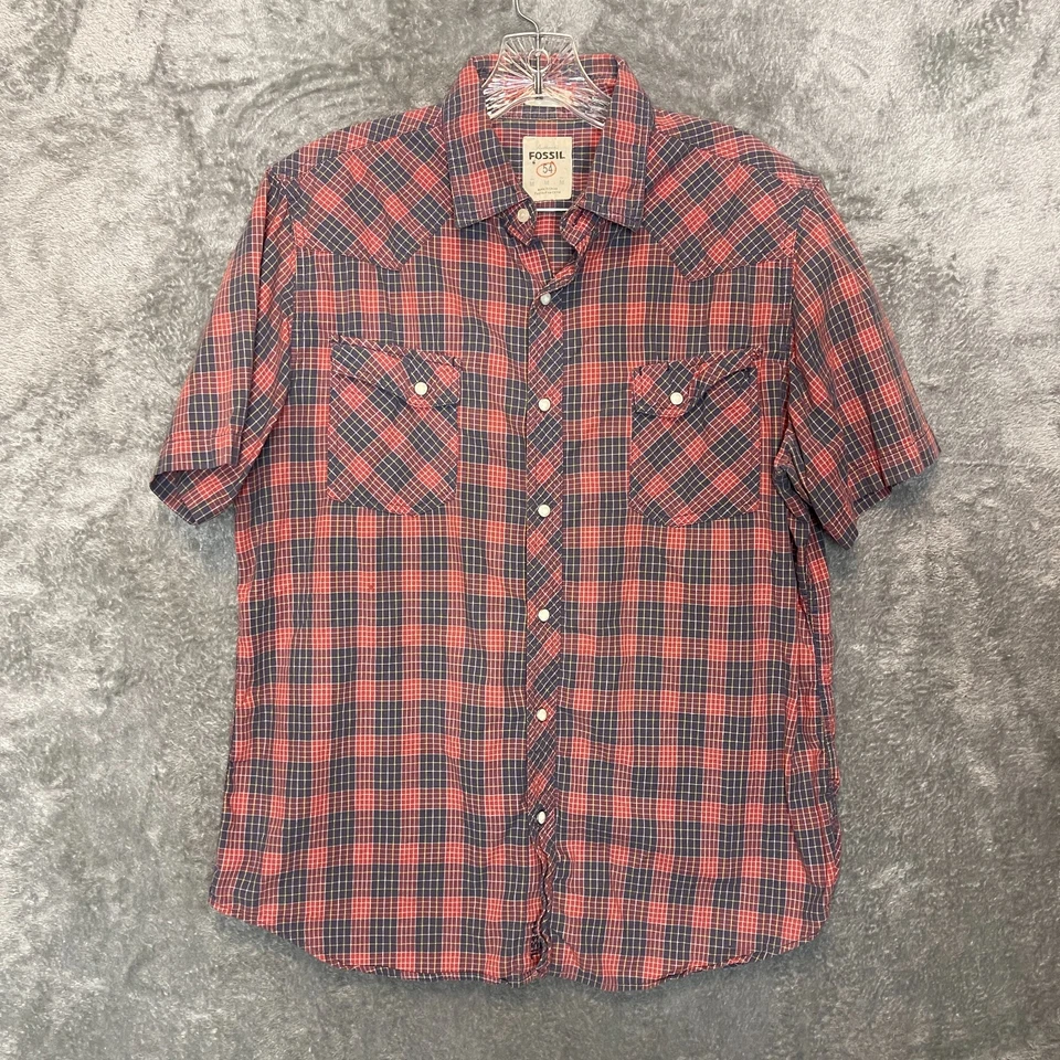 Мужская классическая винтажная рубашка Fossil вестерн в клетку с застежкой спереди короткий рукав M - Изображение 1 из 4