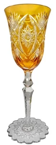 Val St Lambert Crystal Wine Glass Amber Gold Cut to Clear Snowflake Base 8.25" - Picture 1 of 7